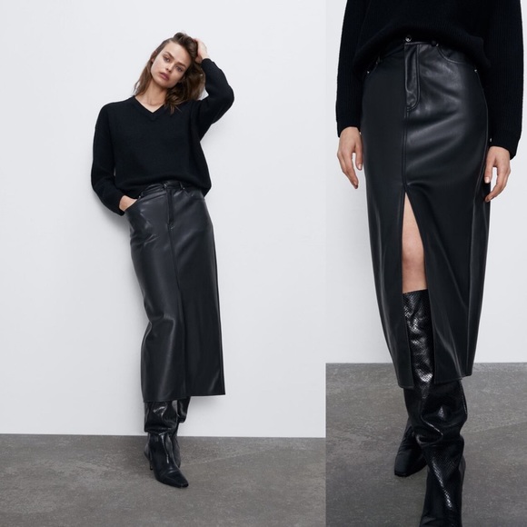 zara faux leather midi skirt